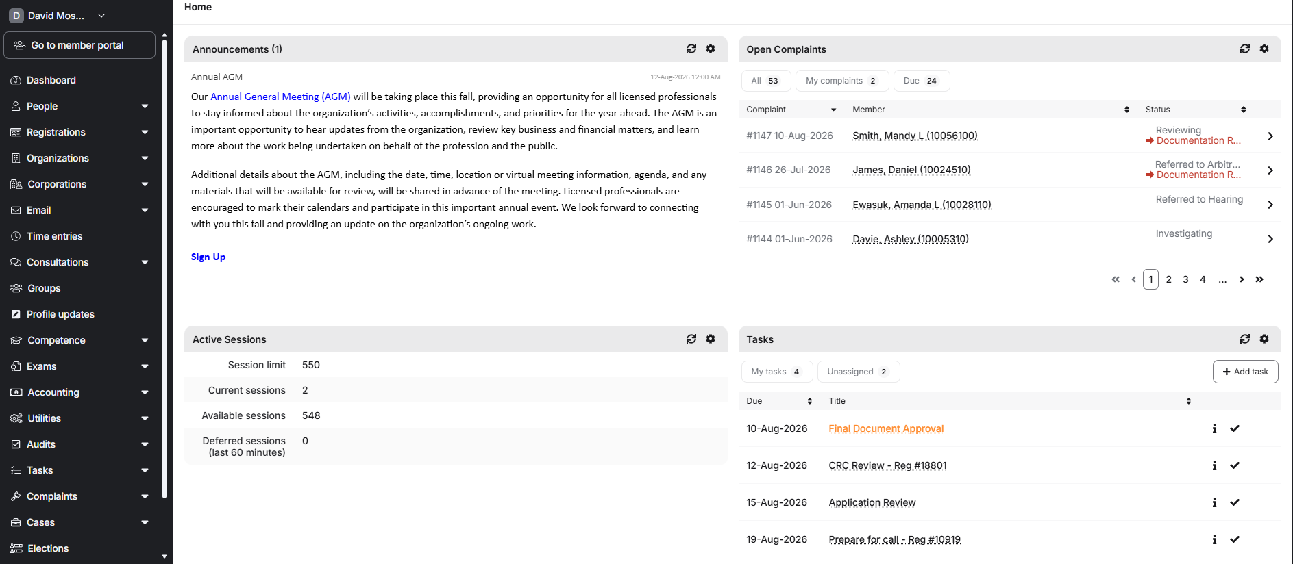 Alinity administrator home dashboard showing announcements, open complaints, active sessions and tasks