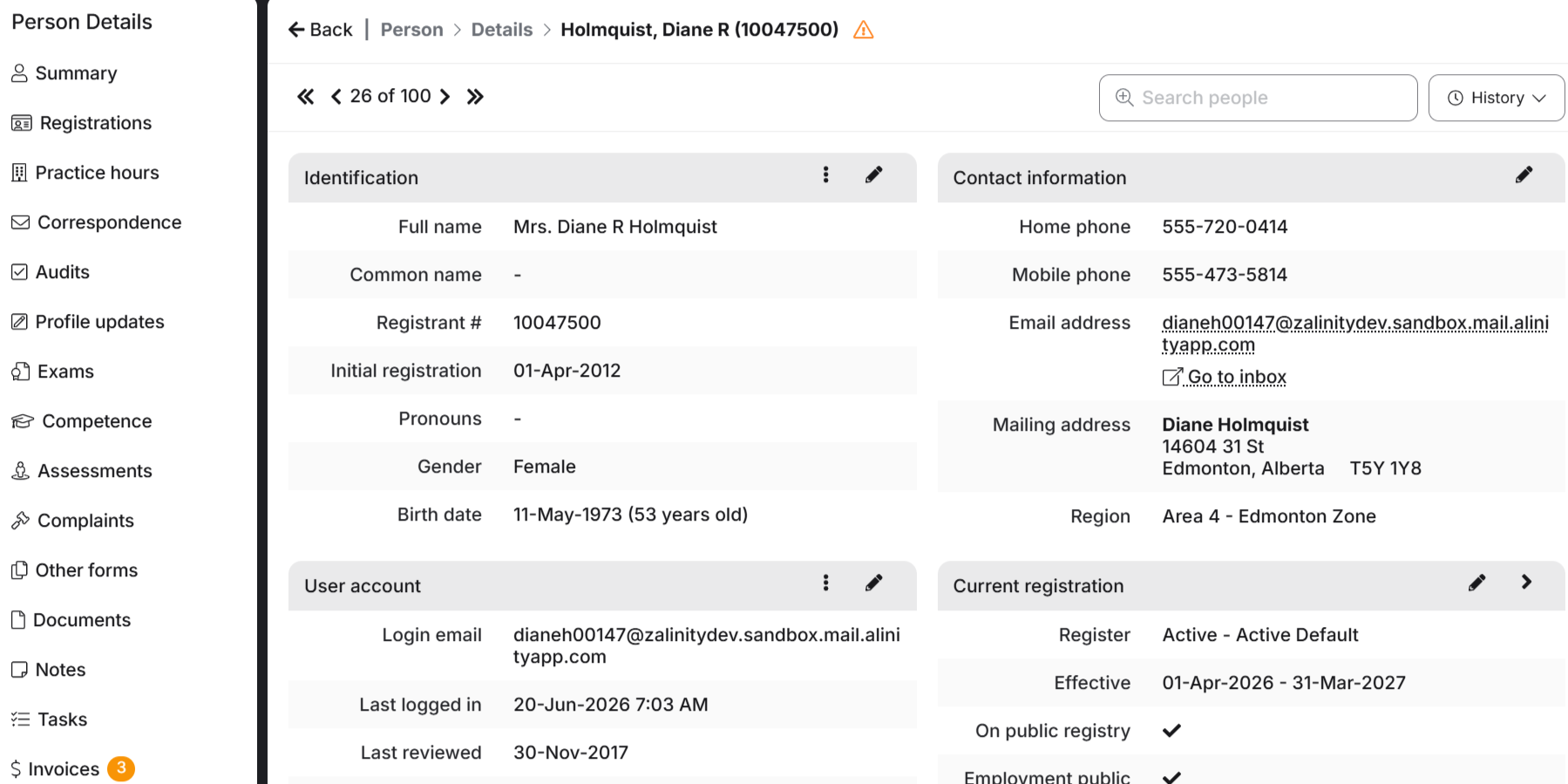 Alinity person details screen showing identification, contact information, user account and current registration