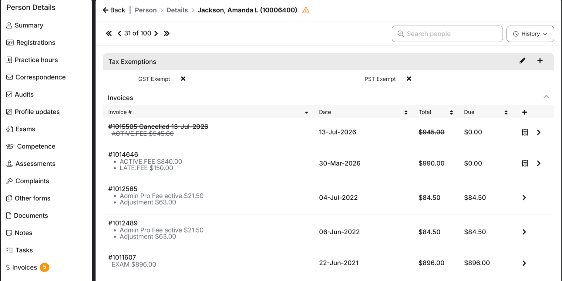 Alinity registrant invoices screen showing tax exemptions and an invoice history with totals and amounts due